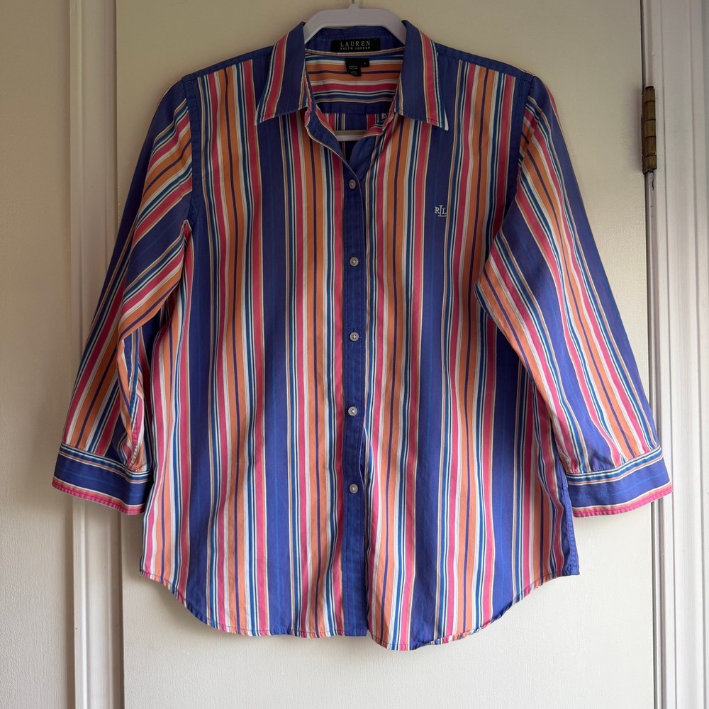 Lauren Ralph Lauren Womens Large Blue Orange Pink Striped 3/4 Sleeve Shirt